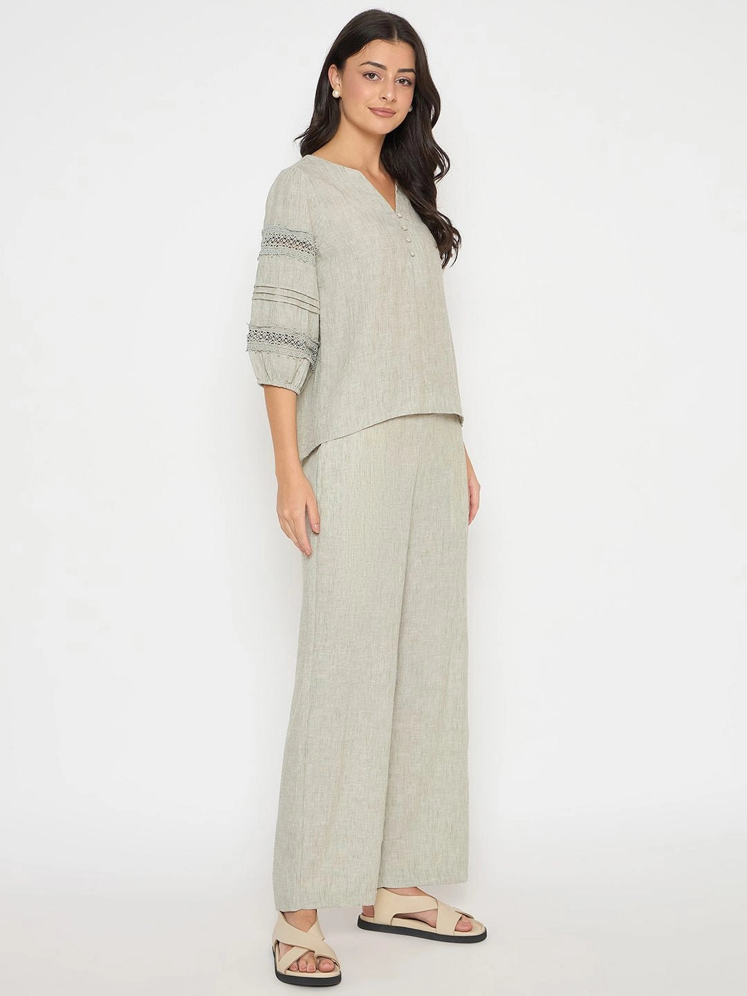 Lounge Style Madame Lace Inserted Top and Bottom Green Co-ord Set