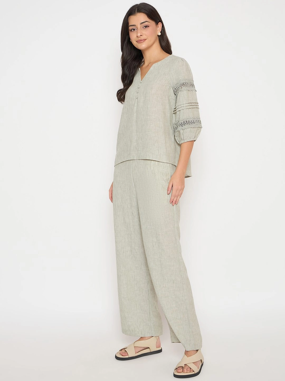 Daily Favorite Minimal Core Madame Lace Inserted Top and Bottom Green Co-ord Set