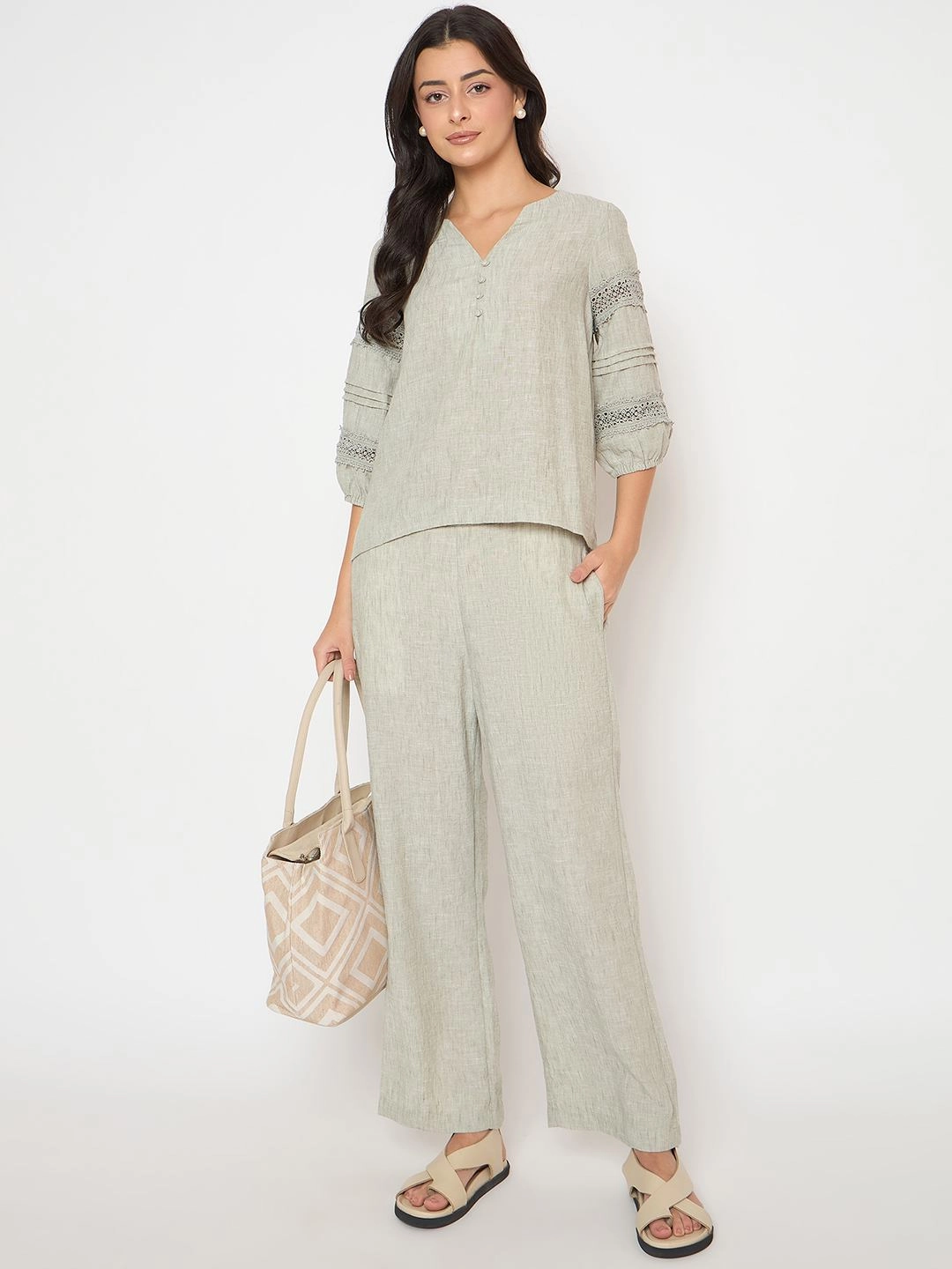 Bold Patterns Travel Staple Madame Lace Inserted Top and Bottom Green Co-ord Set