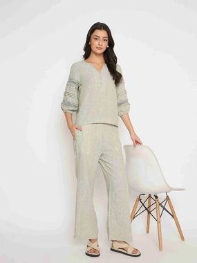 Easy Lovely Cozy Mood Madame Lace Inserted Top and Bottom Green Co-ord Set