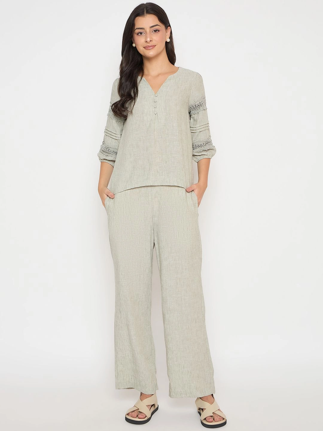 Madame Lace Inserted Top and Bottom Green Co-ord Set Daily Comfort