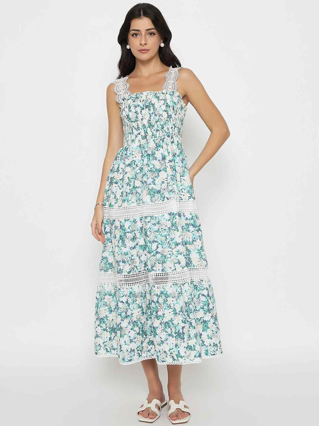 Fall Style Madame Laced Floral Print White Midi Dress
