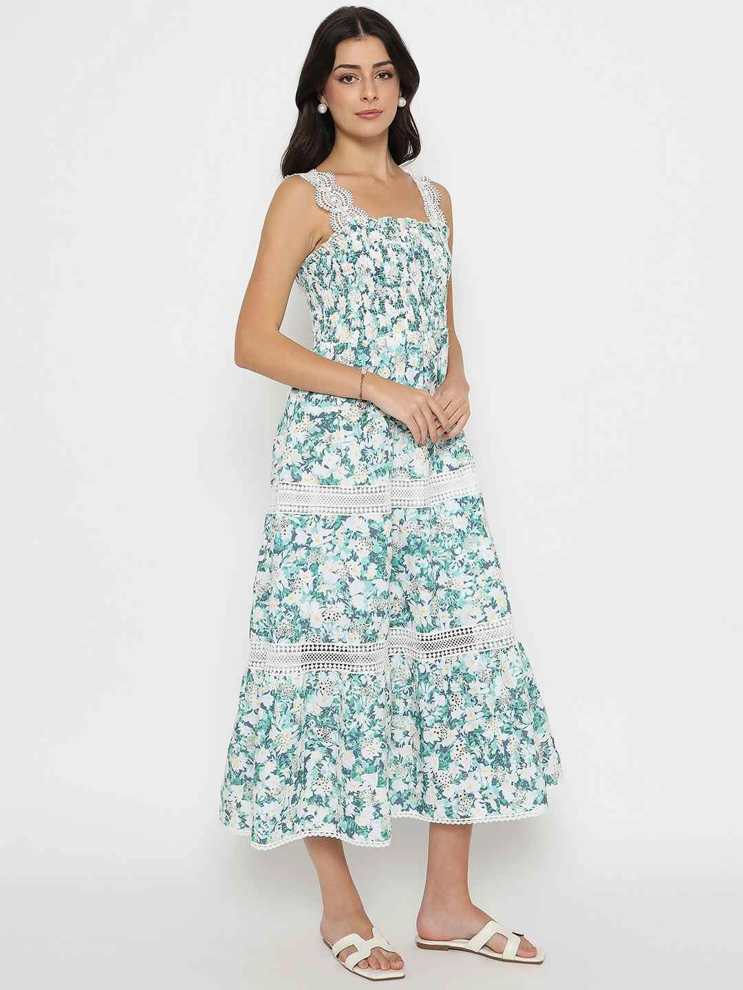 Madame Laced Floral Print White Midi Dress Lounge Vibes