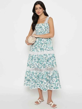 Madame Laced Floral Print White Midi Dress Stylish Feel