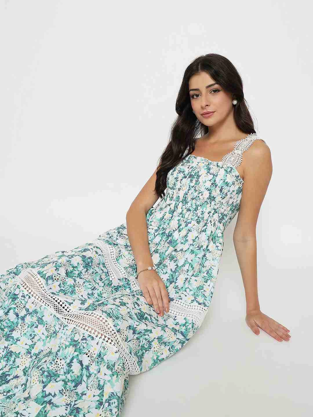 Flowy Layers Understated Elegance Madame Laced Floral Print White Midi Dress