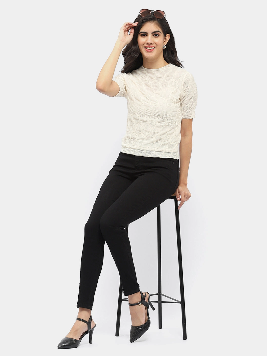 SnagProof HeatPressedLogos Madame Lettuce Hem Beige Crinkled Top