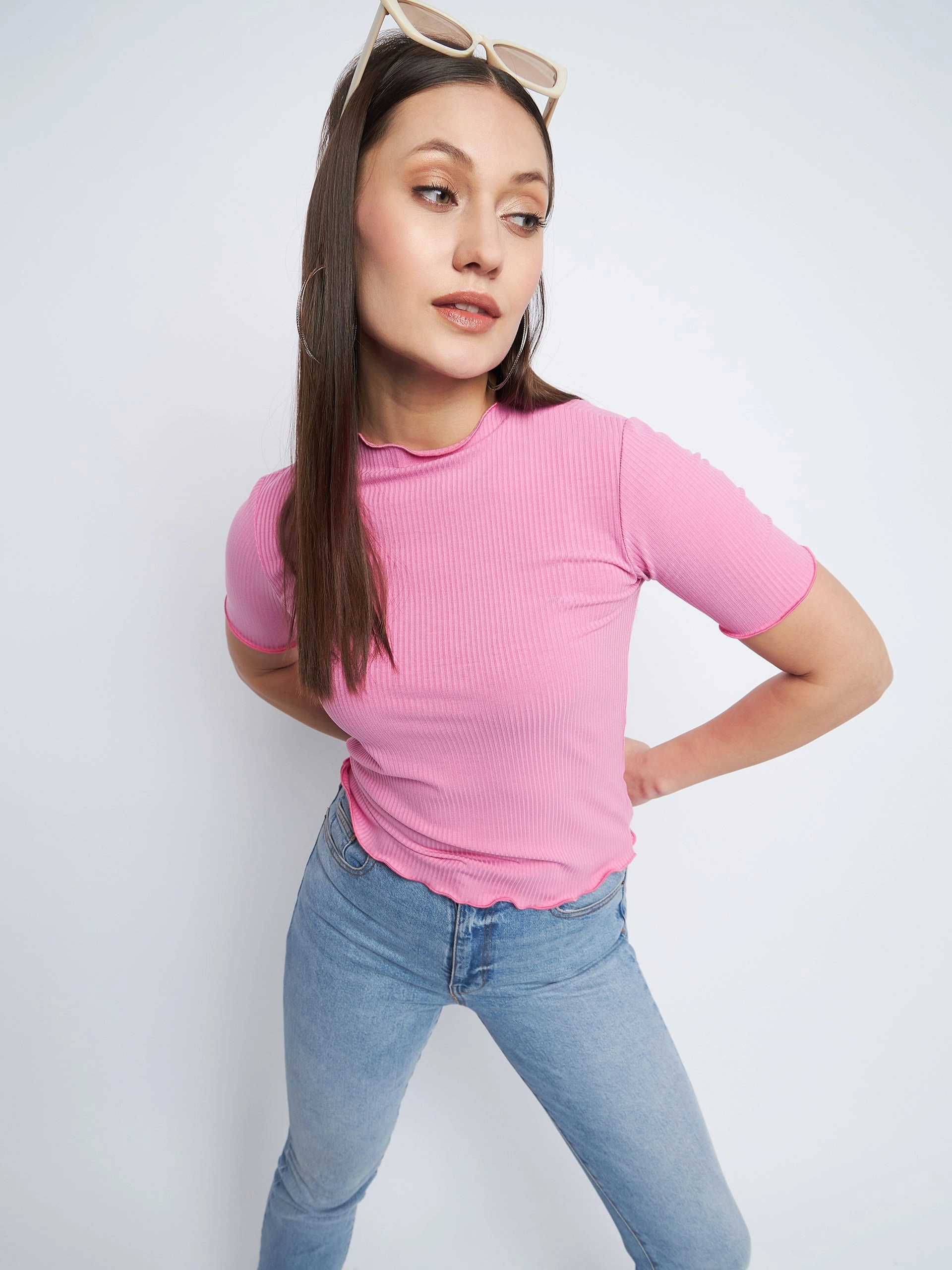 Madame Lettuce Hem Pink Ribbed Top Basic Long Sleeve