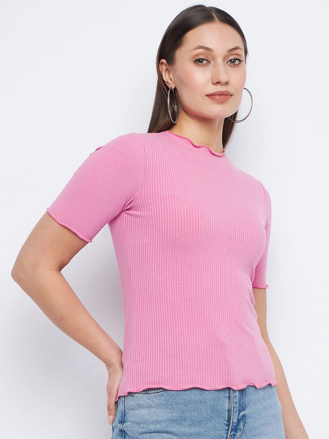 Summer Blouse All Day Comfort Madame Lettuce Hem Pink Ribbed Top