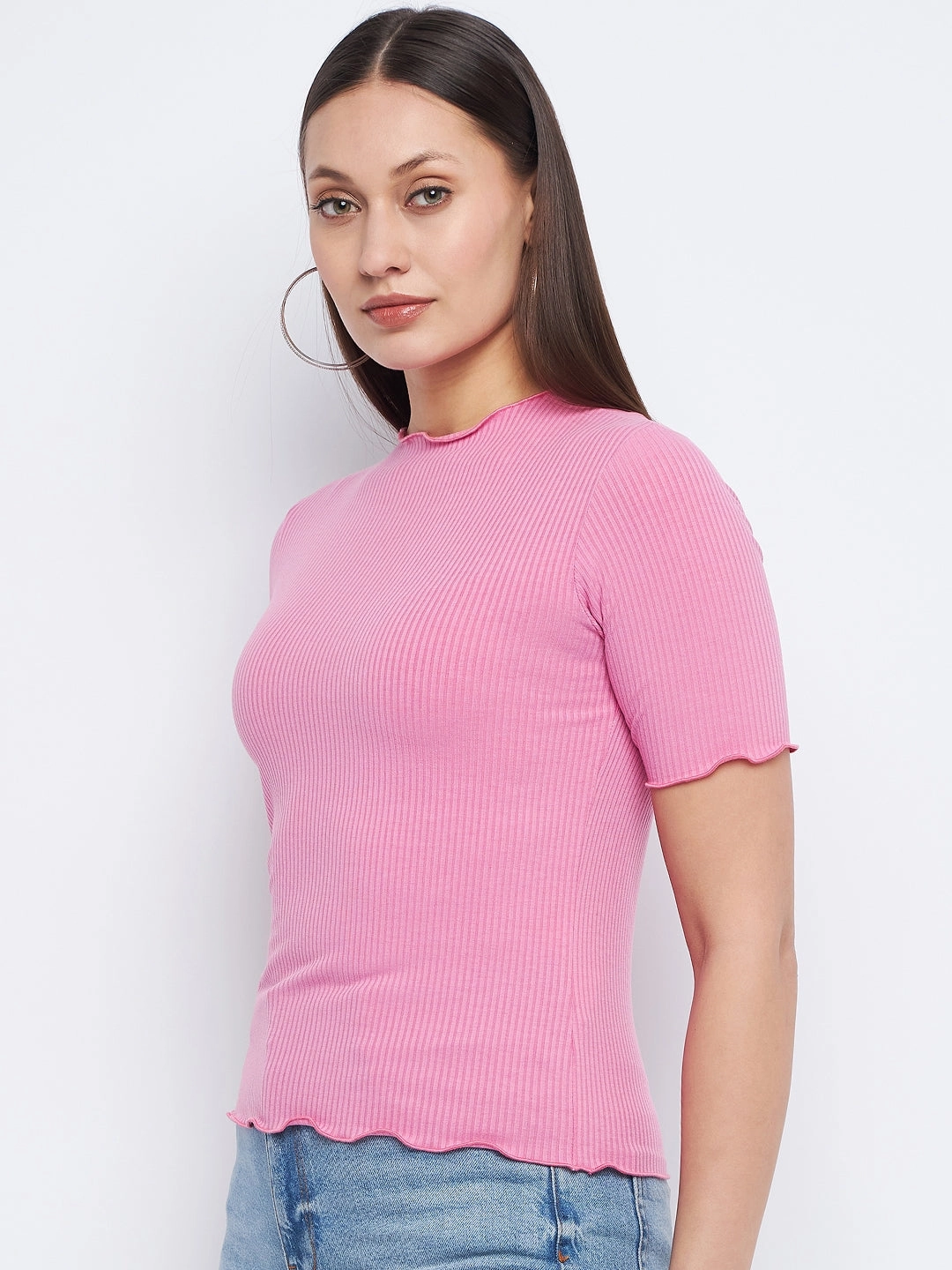 Hypoallergenic Fiber Ethically Sourced Yarn Madame Lettuce Hem Pink Ribbed Top