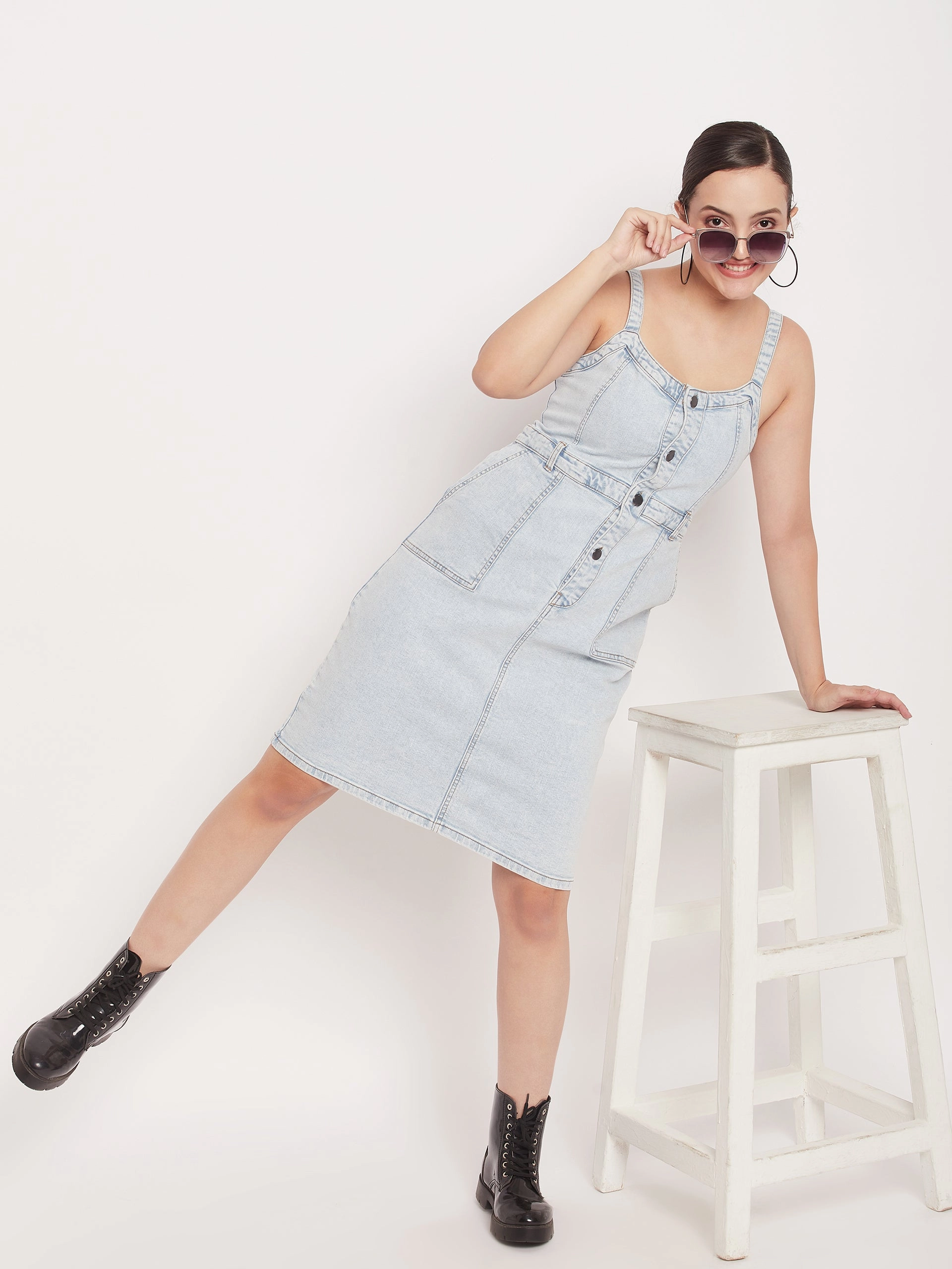Madame Light Blue Denim Sleeveless Shift Dress Sporty Look Smile Glow