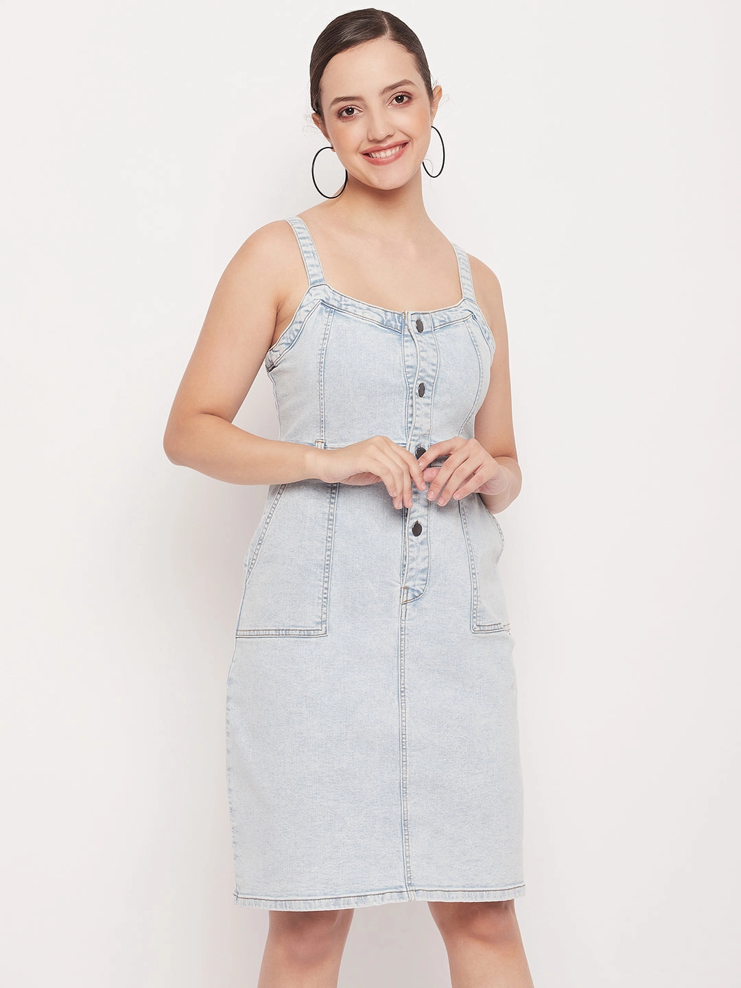 Fall Silhouette Madame Light Blue Denim Sleeveless Shift Dress