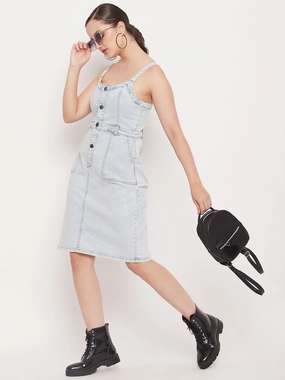 Sheer Overlay Madame Light Blue Denim Sleeveless Shift Dress
