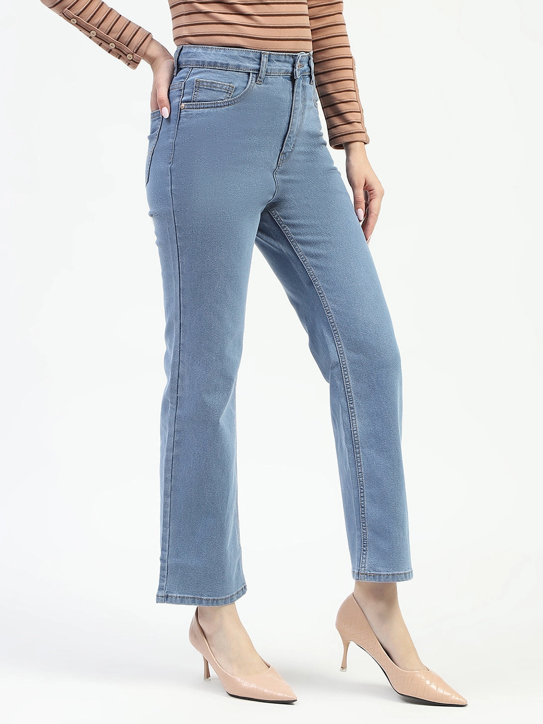 Madame Light Blue Straight Fit Cotton Denim Jeans Daywear Fit