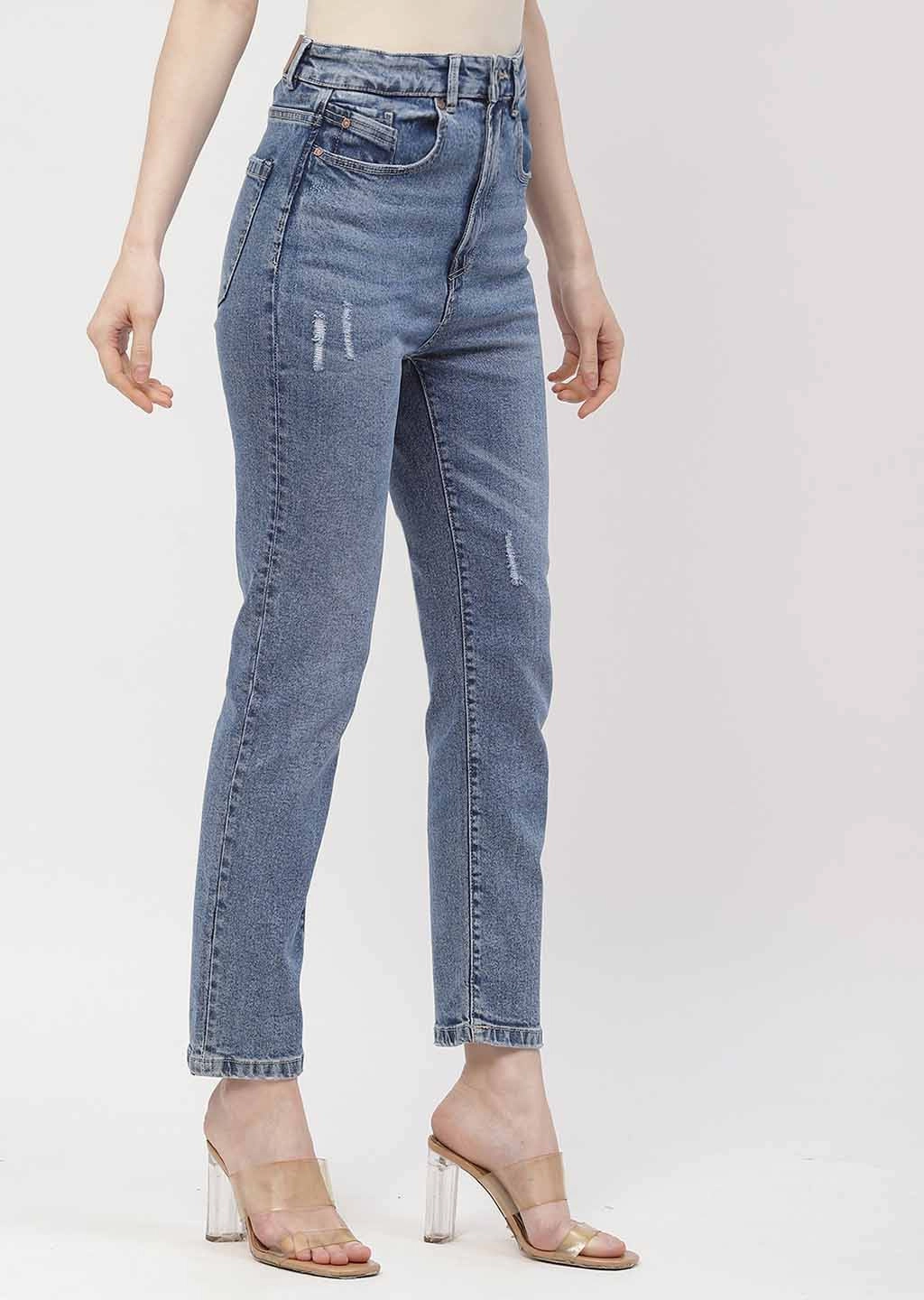 Madame Light Distressed Mid Blue Slim Fit Jeans Textured Versatile Shopping Day High-End Style