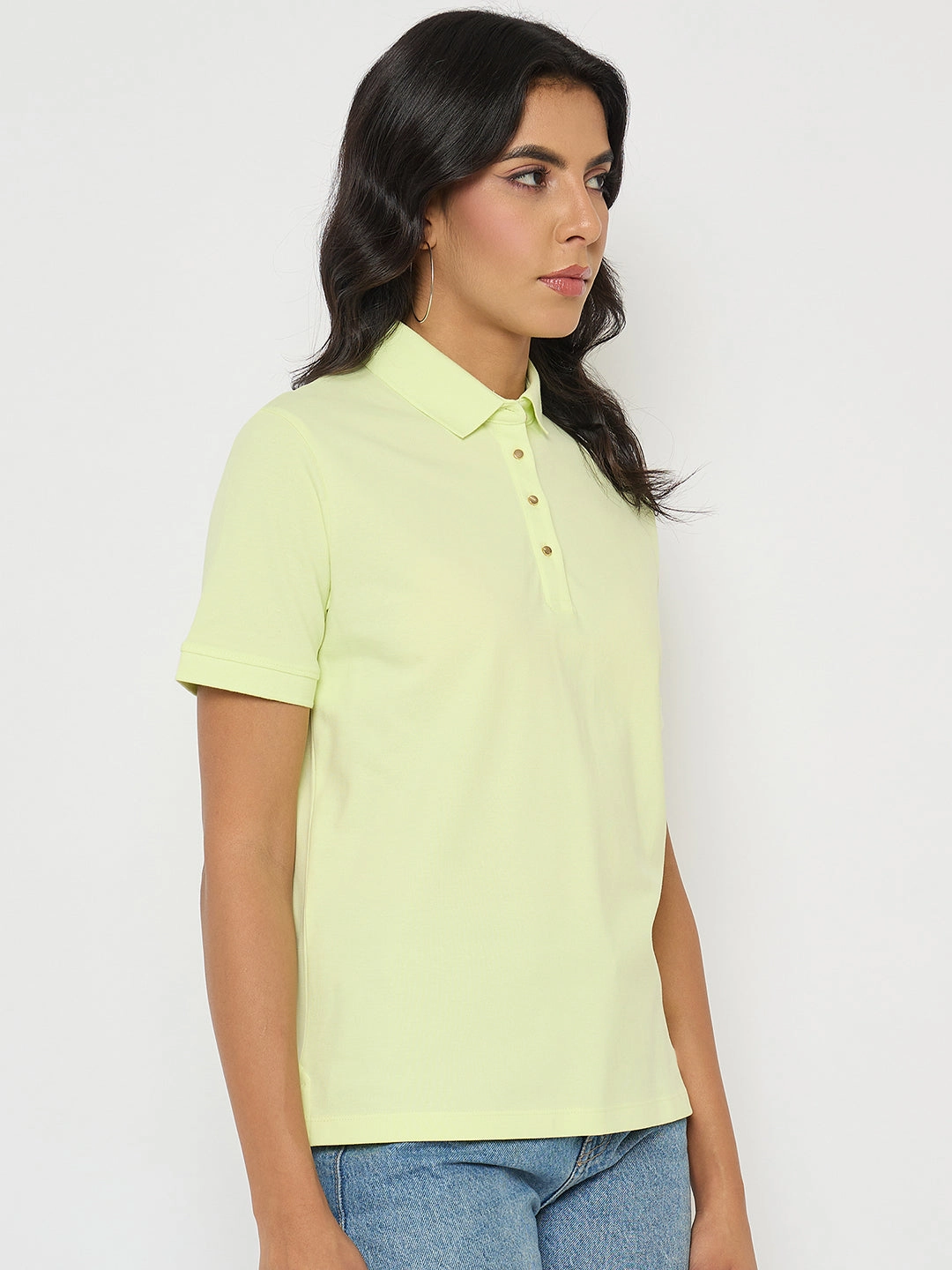 Madame Lime Yellow Cotton Blend Polo T-Shirt Rayon blend