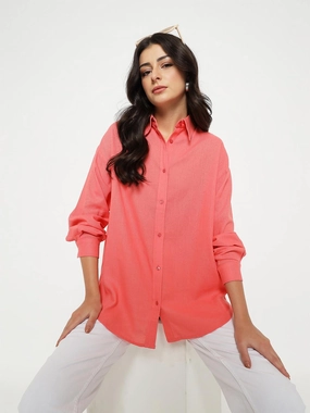 Flexible Shoulder Construction Madame Linen Blend Solid Light Coral Shirt