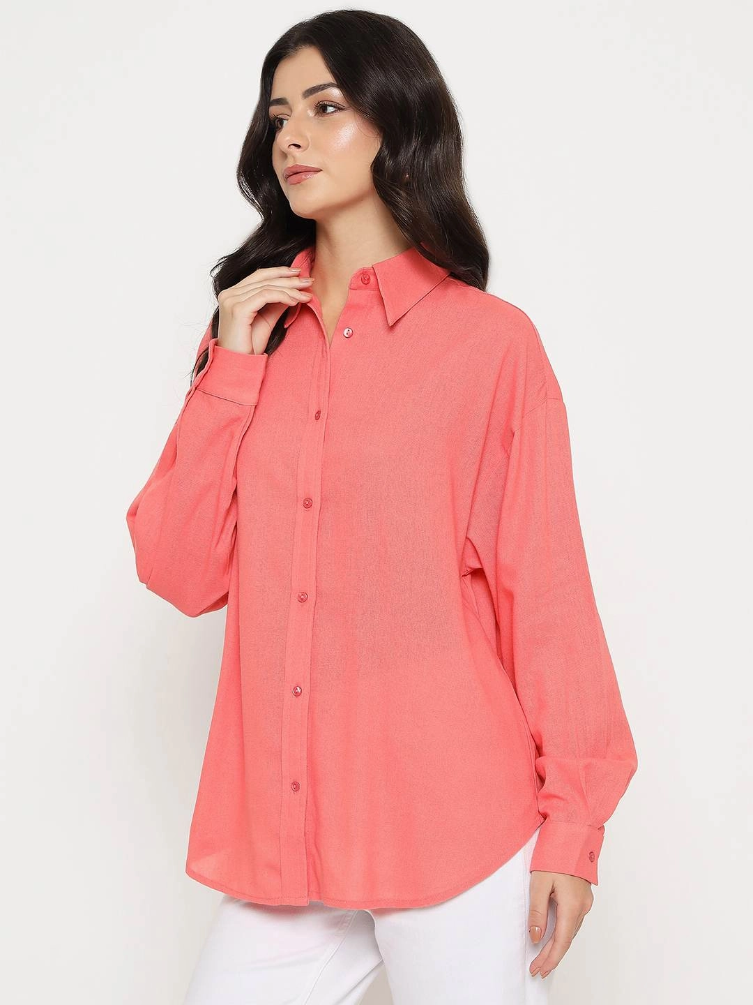 Madame Linen Blend Solid Light Coral Shirt Perfect Layer