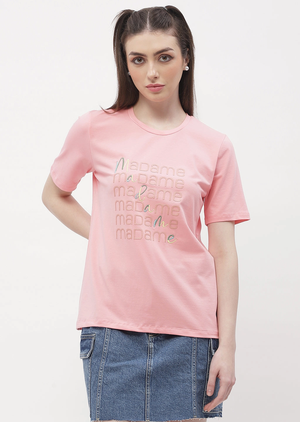 Ultimate Wear Madame Logo Print Pink Regular T-Shirt