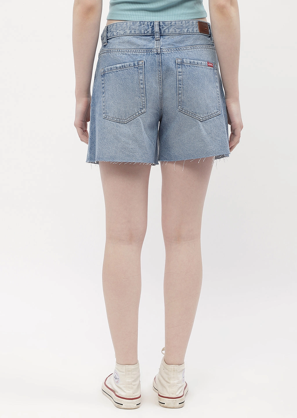 Madame Low Rise Blue Distressed Hem Shorts Wrap Front