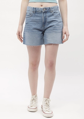 Matte Finish Vibe Shot Madame Low Rise Blue Distressed Hem Shorts