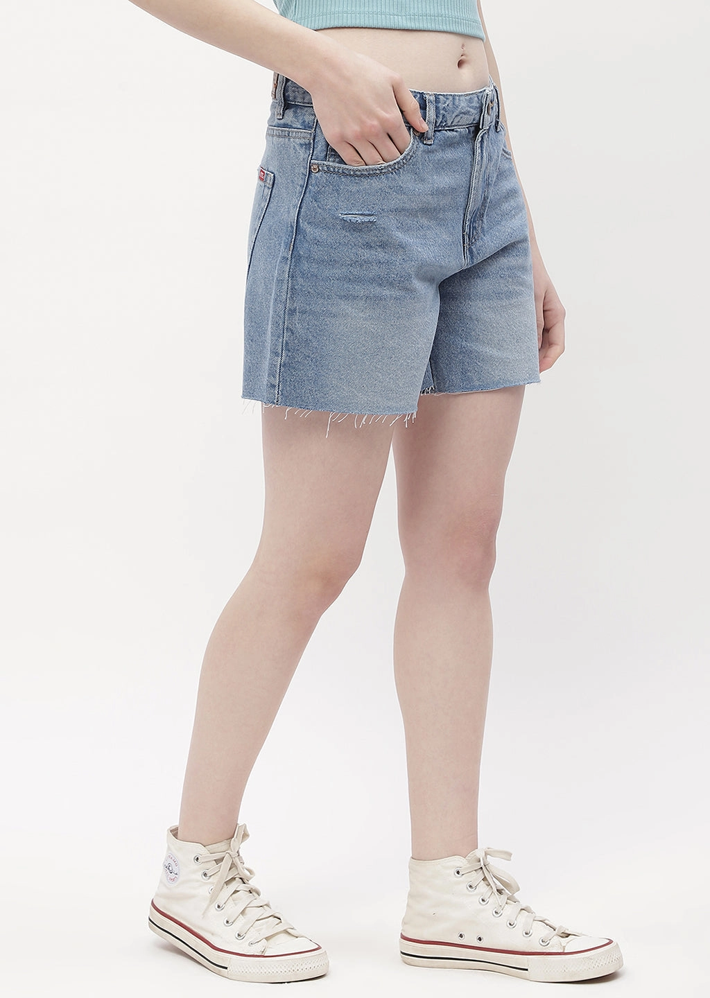 Side Slit Active Wear Madame Low Rise Blue Distressed Hem Shorts