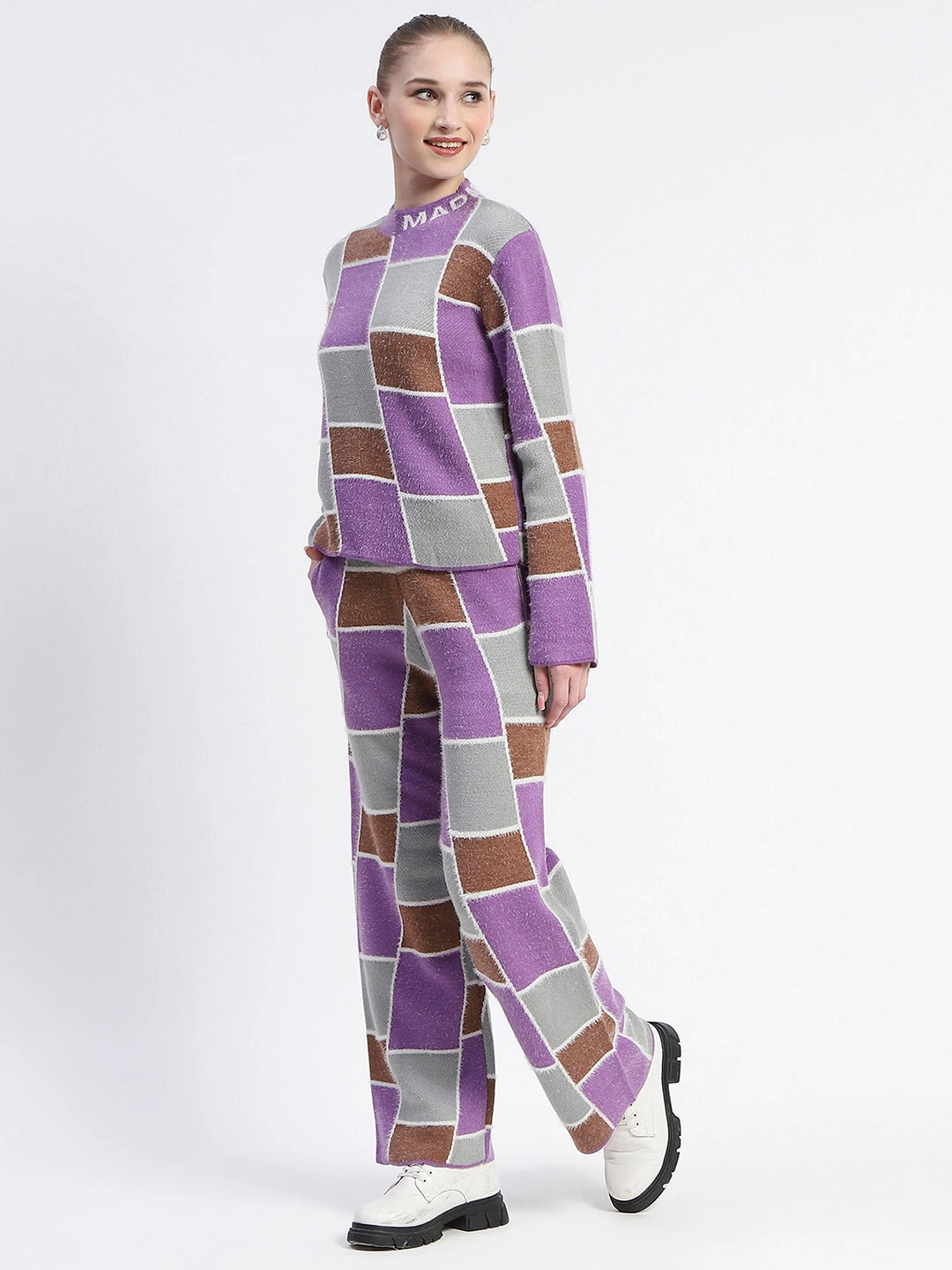 Madame Mauve Buffalo Check Print Top And Bottom Co-Ord Set Versatile Layering High Neck