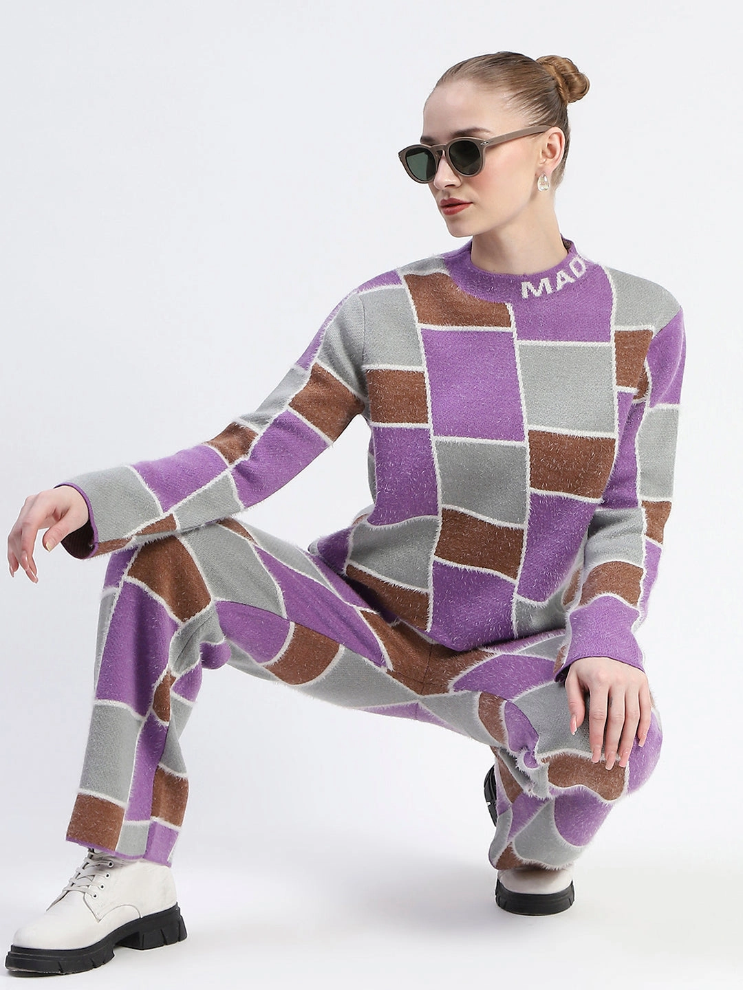 Madame Mauve Buffalo Check Print Top And Bottom Co-Ord Set Wool-Blend