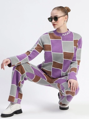Madame Mauve Buffalo Check Print Top And Bottom Co-Ord Set Wool-Blend