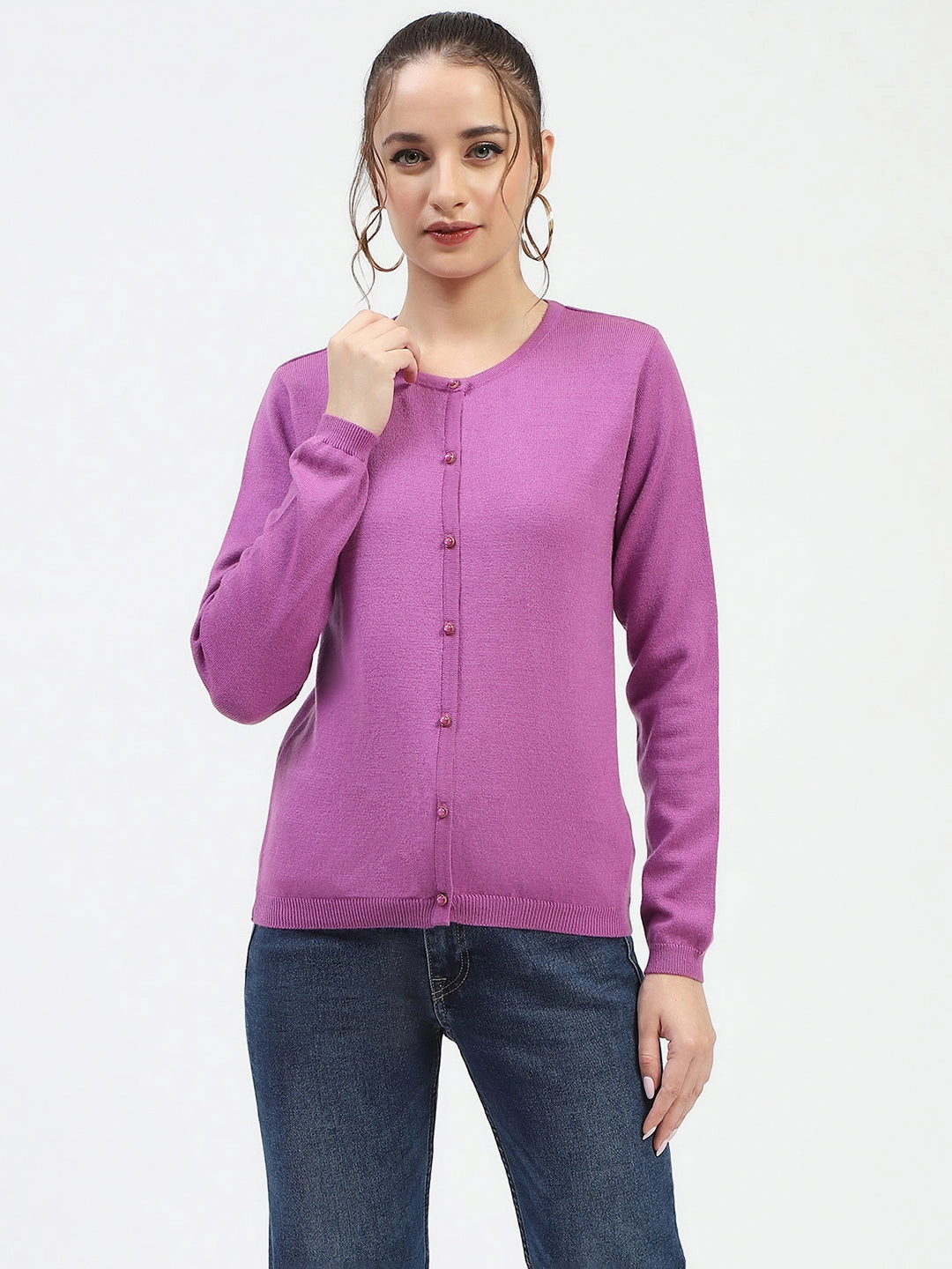 Madame Mauve Button-Up Cardigan Hidden Storage Pockets