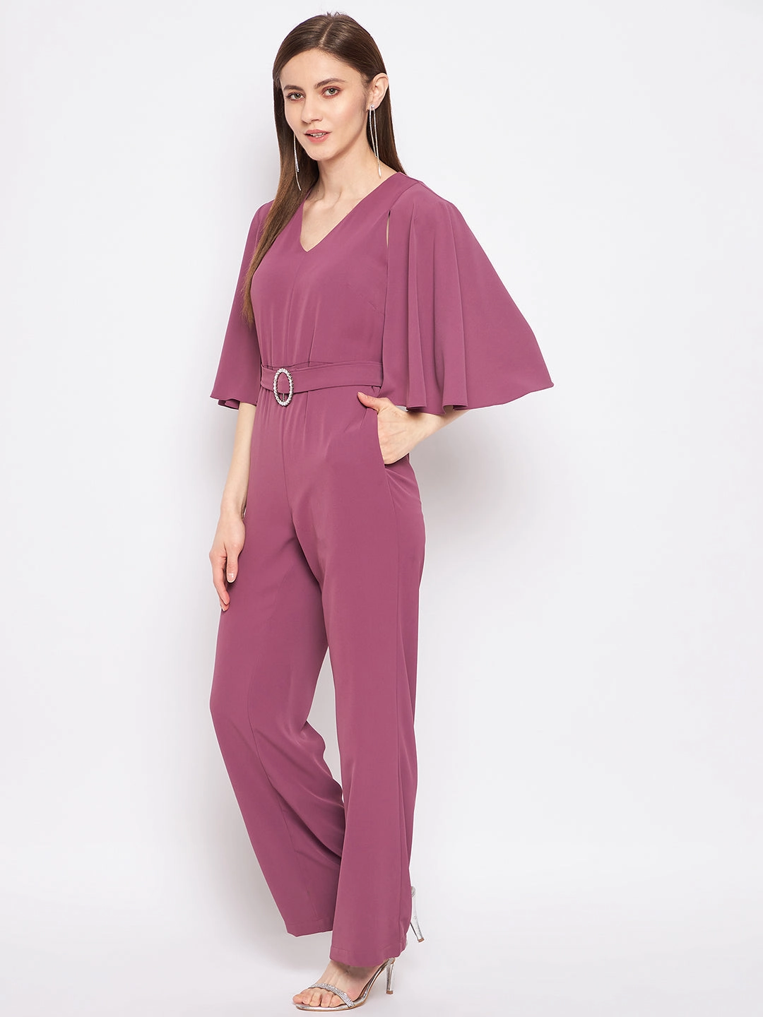 Feminine off-the-shoulder gown Trendy wrap gown Madame Mauve Jumpsuit