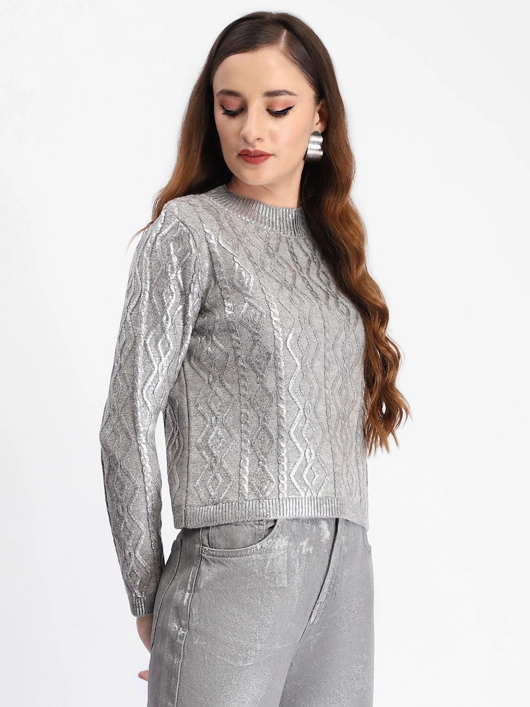 Madame Metallic Cable Knit Grey Sweater Chill Style Elegant Knit