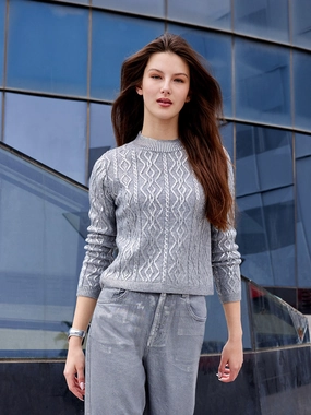 Snug Fit Knit Cold-Weather Fashion Madame Metallic Cable Knit Grey Sweater