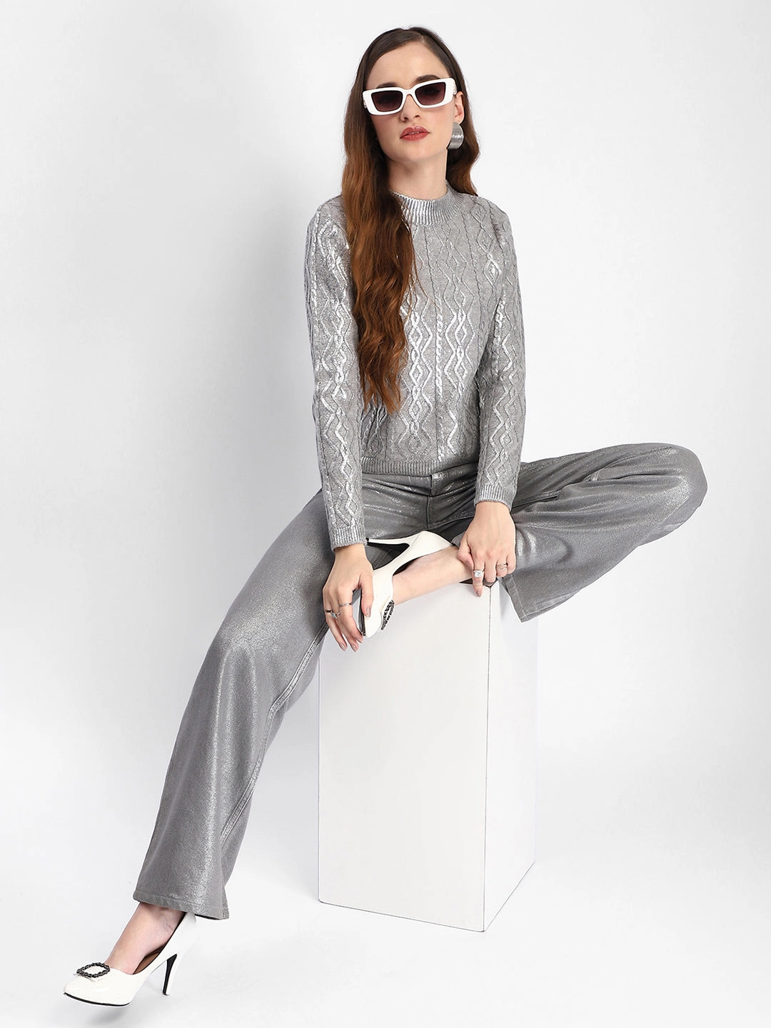 Madame Metallic Cable Knit Grey Sweater Relaxed Vibe Comfy Performance Fit