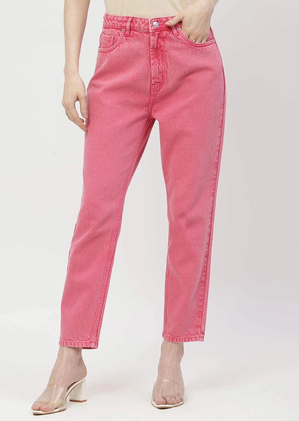 Madame Mid Rise Pink Mom Fit Jeans Fashionable Fit Relaxed Style Neutral