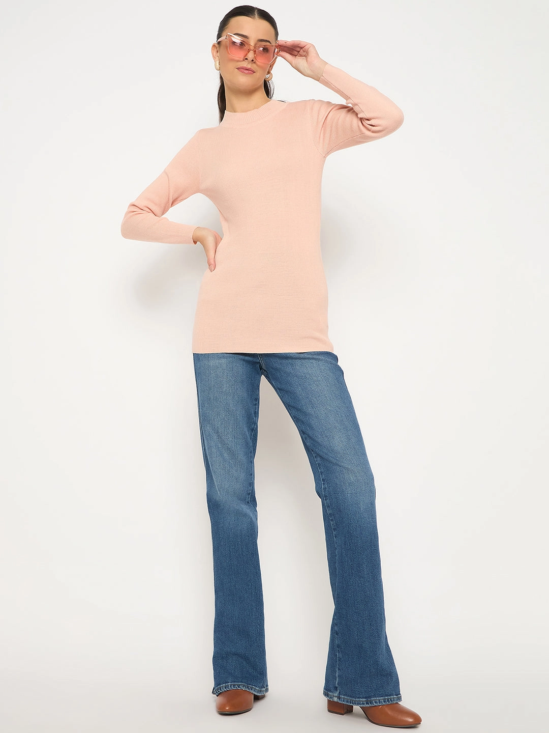 YarnDyedQuality RawEdgedDesign Madame Mock Neck Solid Peach Skeeve
