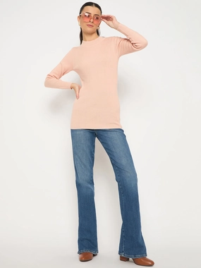 YarnDyedQuality RawEdgedDesign Madame Mock Neck Solid Peach Skeeve