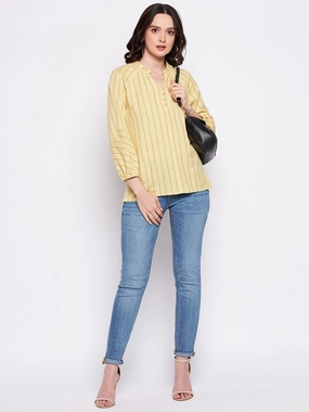Madame Mustard Frill-Neckline Striped Top Button Down Collar Bonded Seam Tape