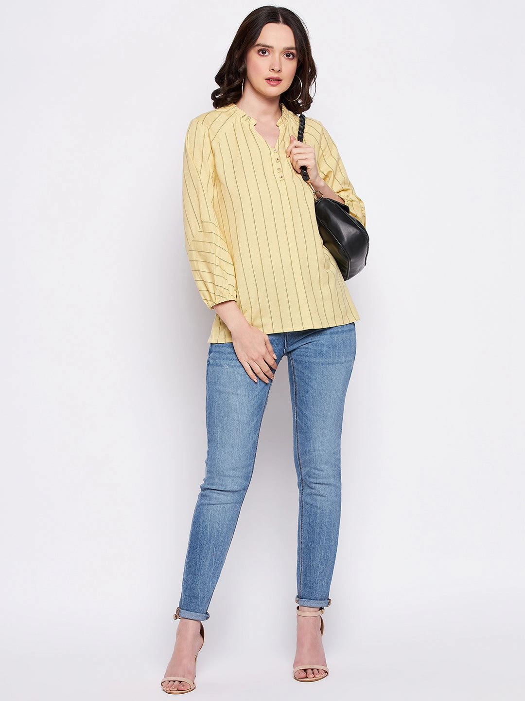 Madame Mustard Frill-Neckline Striped Top Button Down Collar Bonded Seam Tape