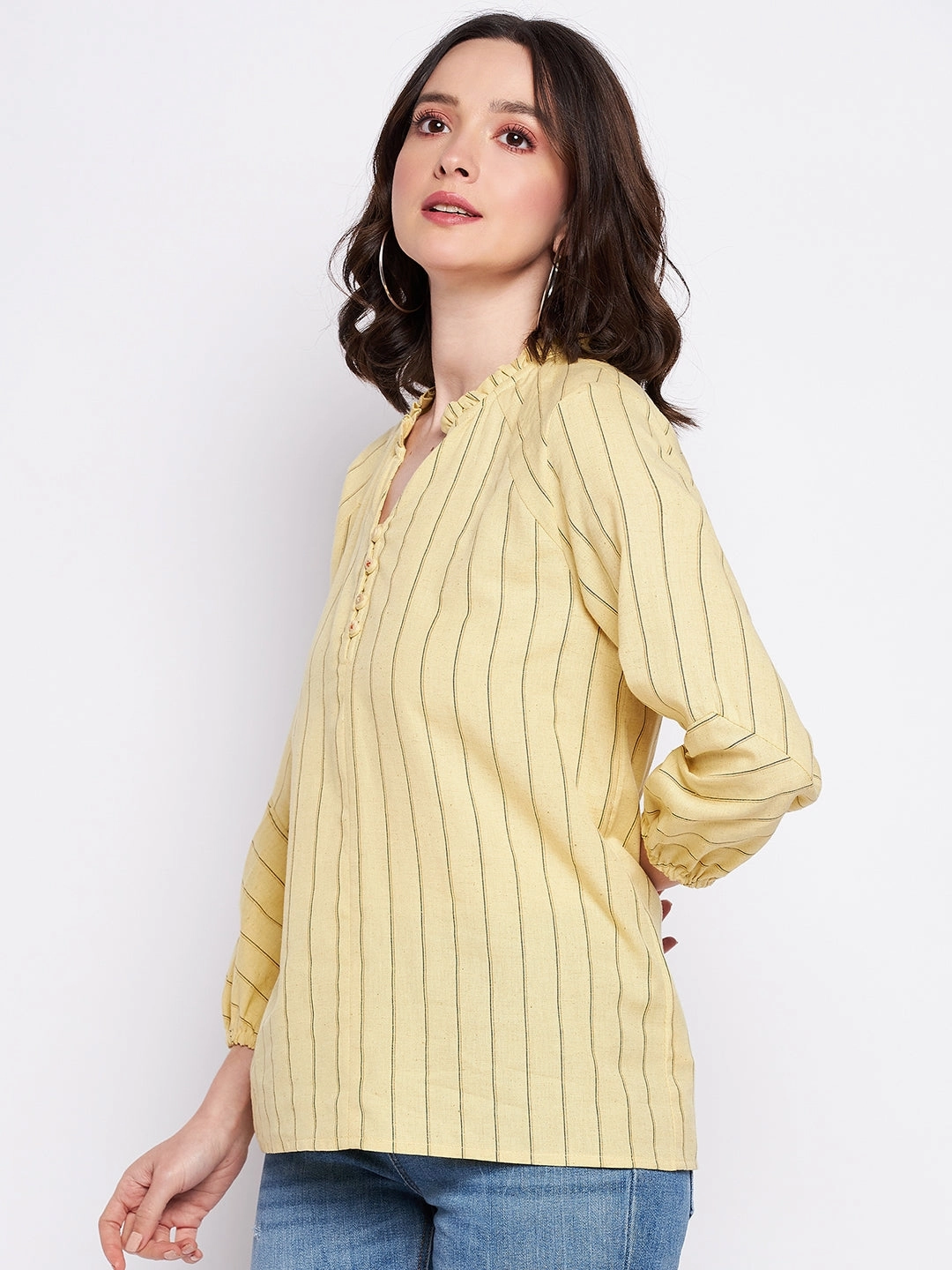 Madame Mustard Frill-Neckline Striped Top ZonalVentilation Fashionable Tank
