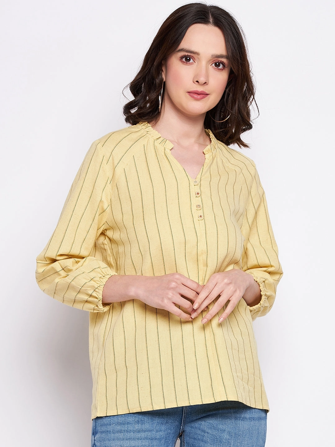 Madame Mustard Frill-Neckline Striped Top Antibacterial Fabric MultiFunctionalPockets