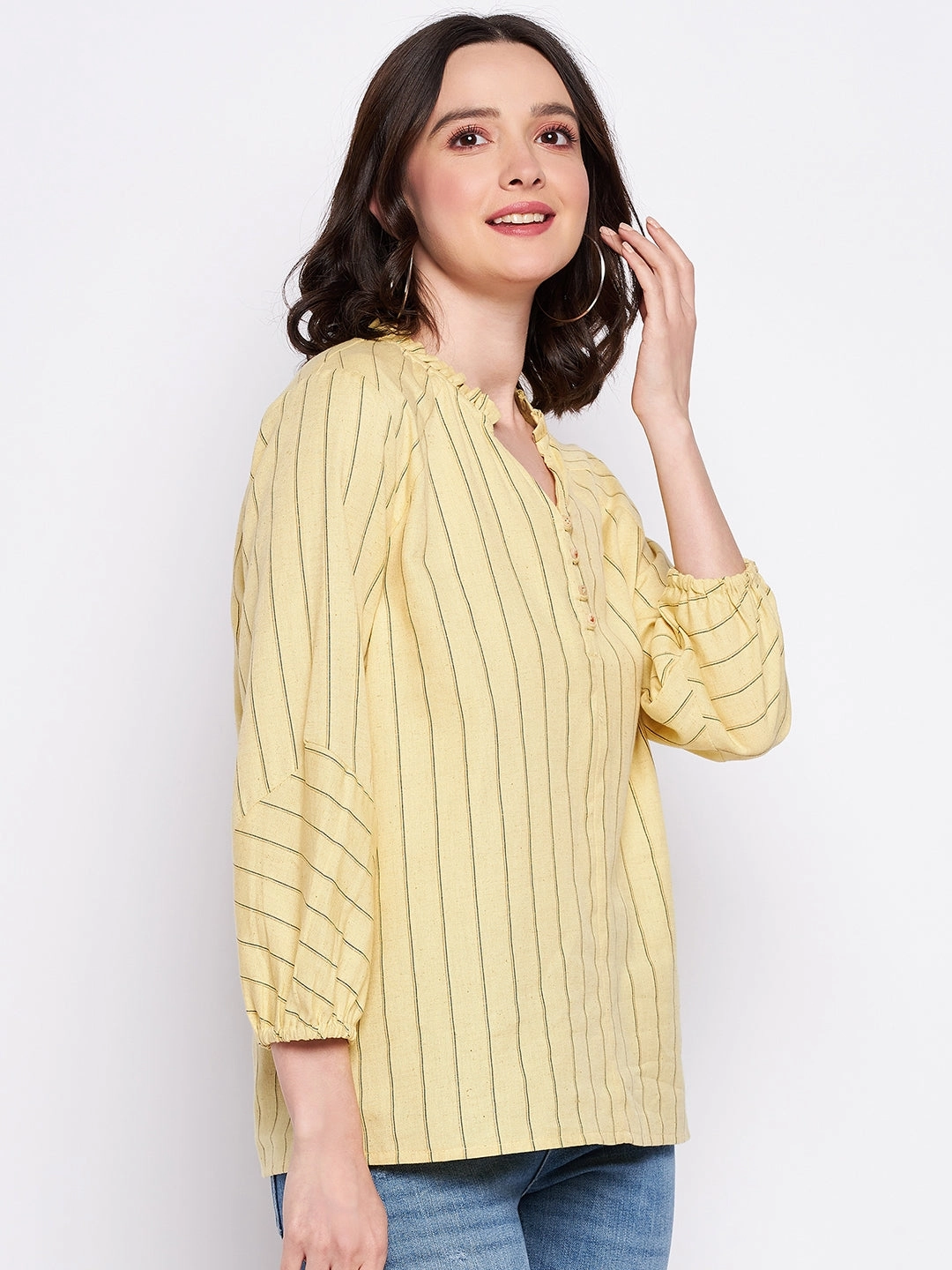 AntiBacterial Coating Flexible Cuffs Madame Mustard Frill-Neckline Striped Top