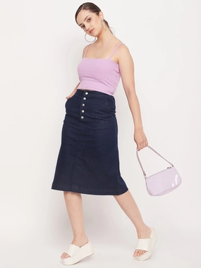 Celebrity Style Festival Outfit Madame Navy Front Slit A-Line Denim Skirt