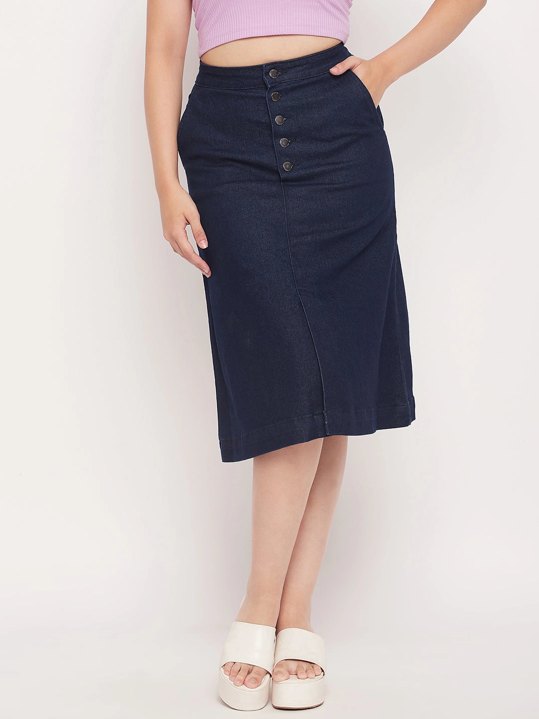 High Waist Neutral palette Madame Navy Front Slit A-Line Denim Skirt