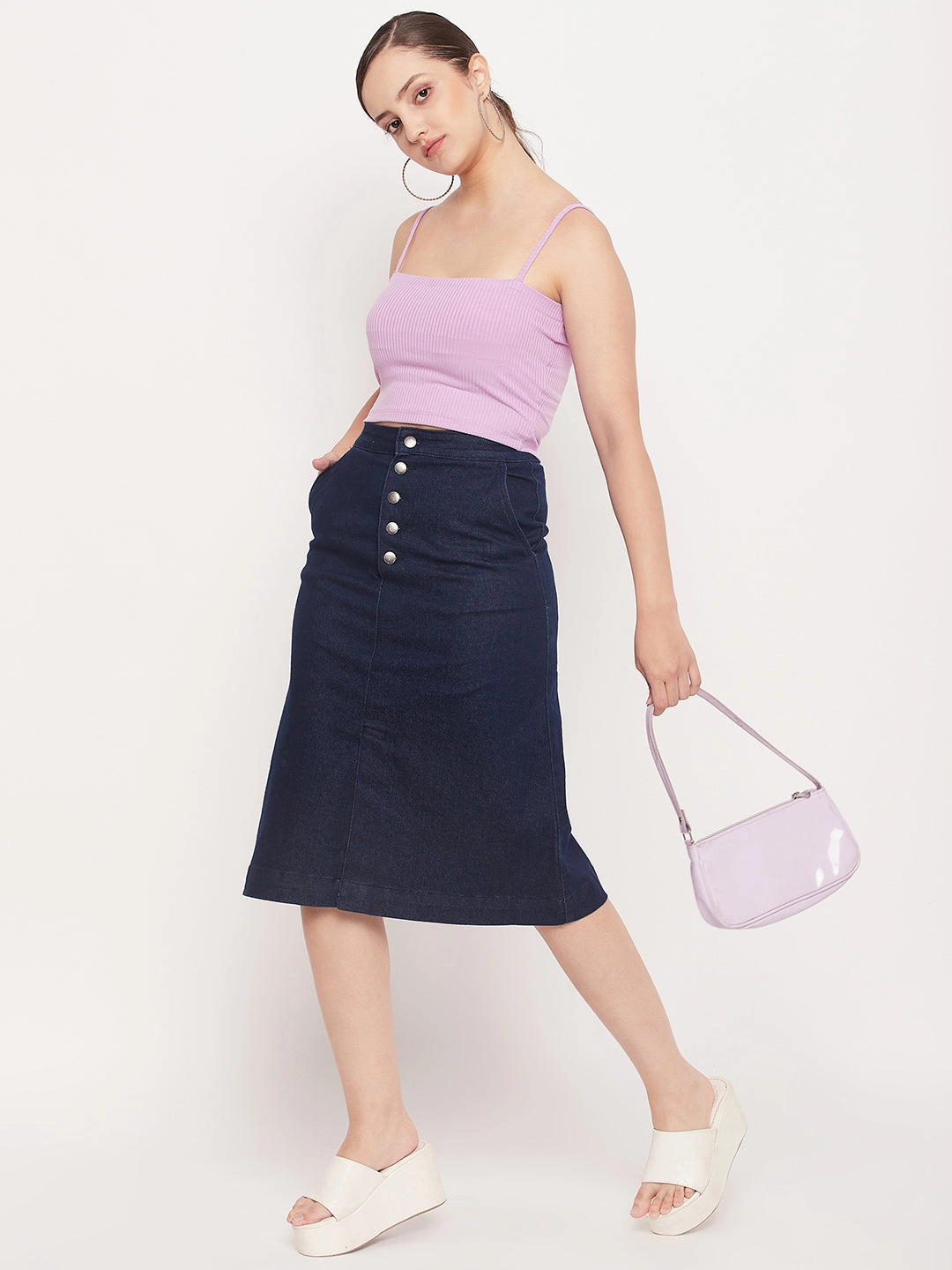 Madame Navy Front Slit A-Line Denim Skirt Bold Cut Crisp Look
