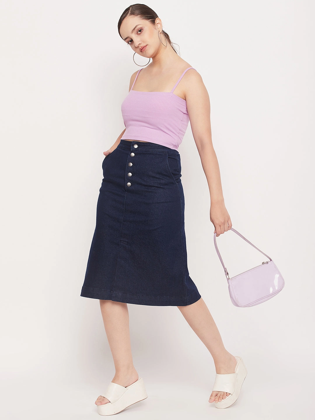 Celebrity Style Festival Outfit Madame Navy Front Slit A-Line Denim Skirt