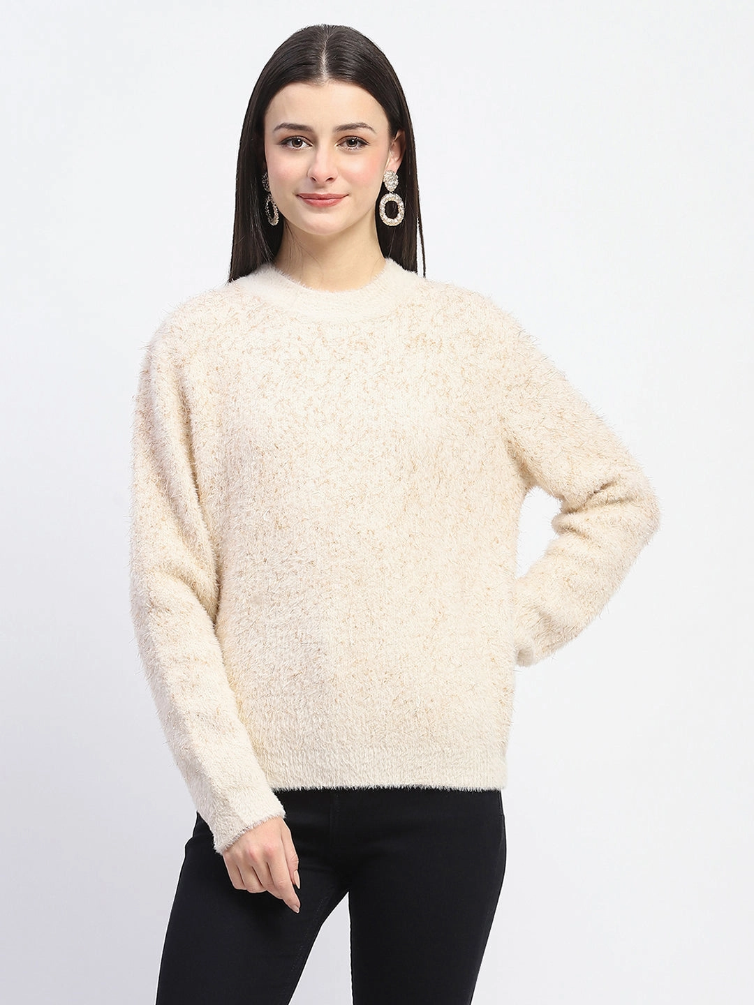 Madame Nylon Blend Full Sleeve Solid Beige Sweater Slim Fit Design