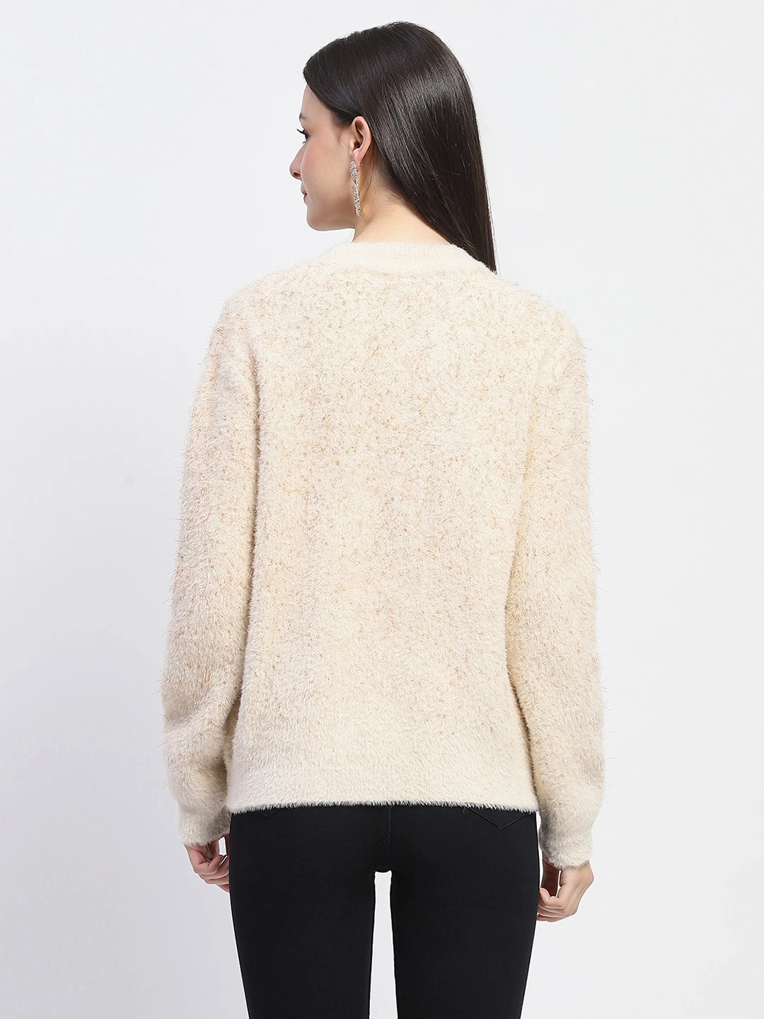 Modern Knit Comfort Piece Madame Nylon Blend Full Sleeve Solid Beige Sweater
