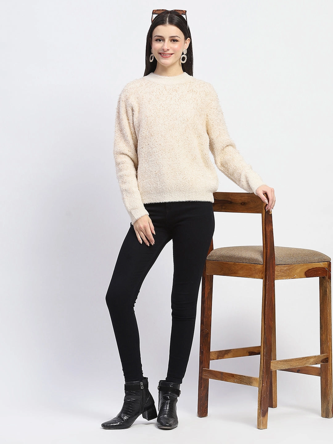 Winter Ready Layer Seasonal Must-Have Madame Nylon Blend Full Sleeve Solid Beige Sweater