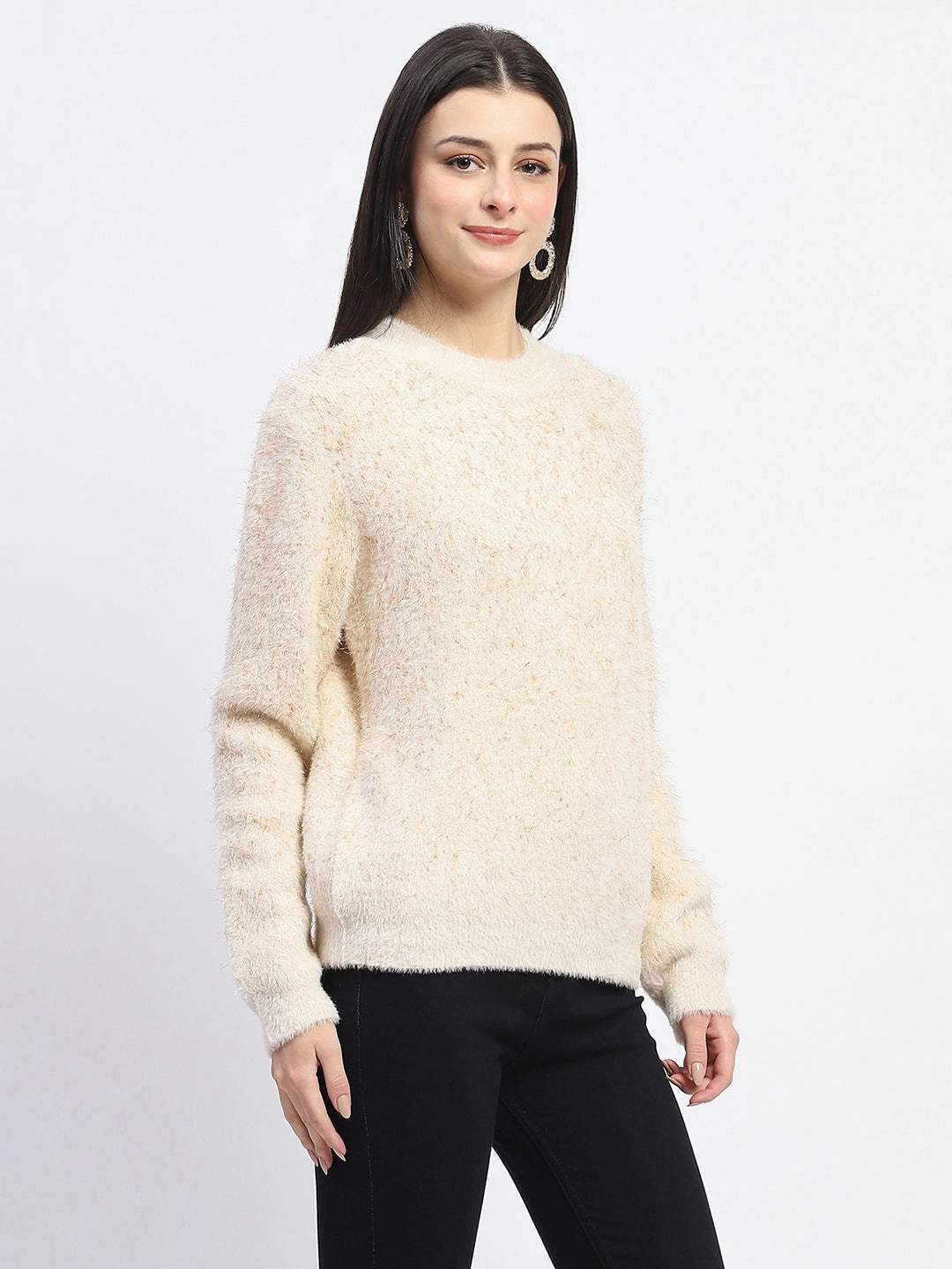 Madame Nylon Blend Full Sleeve Solid Beige Sweater Soft and Cozy Knit