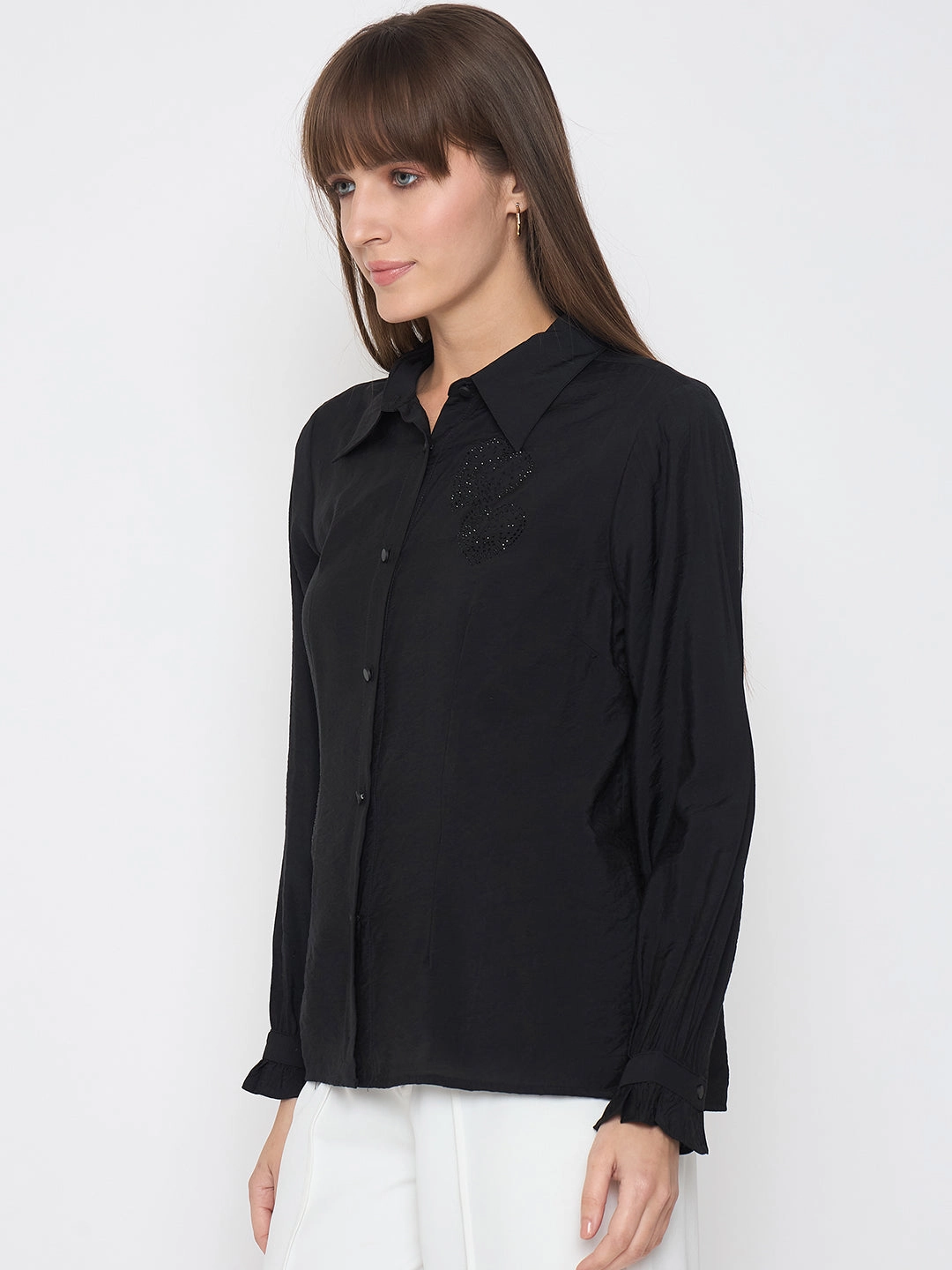 Corporate Retreat Bold Statement Madame Nylon Blend Heart Embellished Buttoned Black Shirt